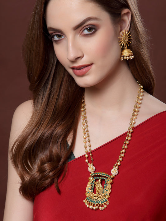 Gold-Toned & Green Gold-Plated Beaded Temple Jewellery Set