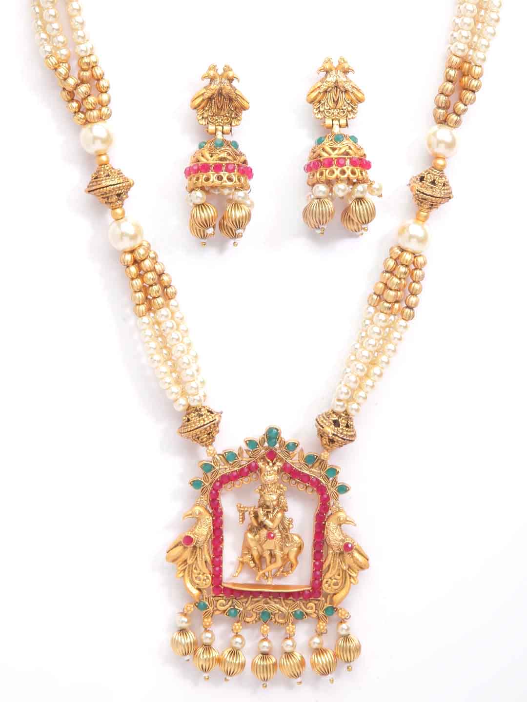 Gold-Plated Red & Green Stone-Studded Gopala Temple Antique Jewellery Set