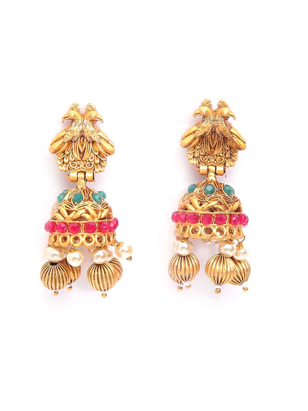 Gold-Plated Red & Green Stone-Studded Gopala Temple Antique Jewellery Set