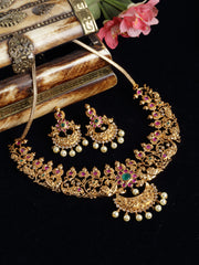 Gold-Toned Pink Stone-Studded & Pearl-Beaded Jewellery Set