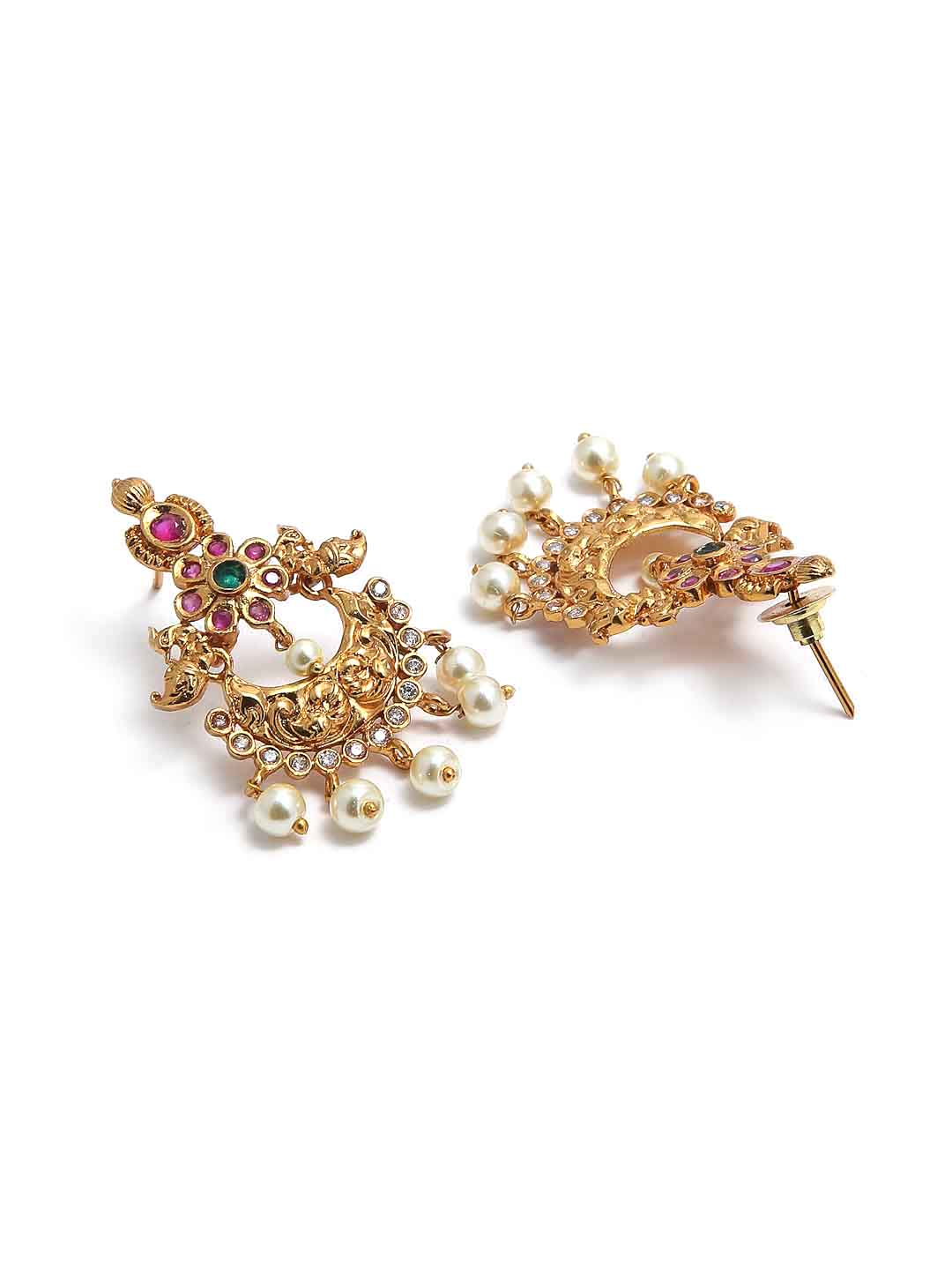 Gold-Toned Pink Stone-Studded & Pearl-Beaded Jewellery Set