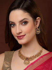 Gold-Toned Pink Stone-Studded & Pearl-Beaded Jewellery Set