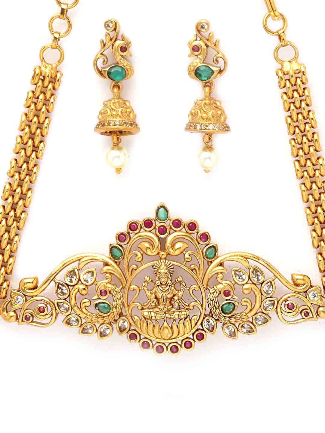 Green & Pink Stone Gold-Plated Kundan Studded Temple Jewellery Set