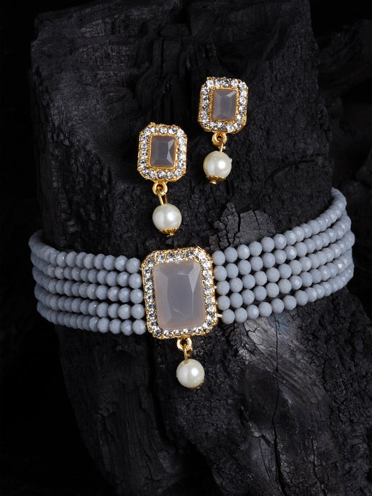 Gold-plated Grey & White CZ-Studded & Beaded Handcrafted Jewellery Set