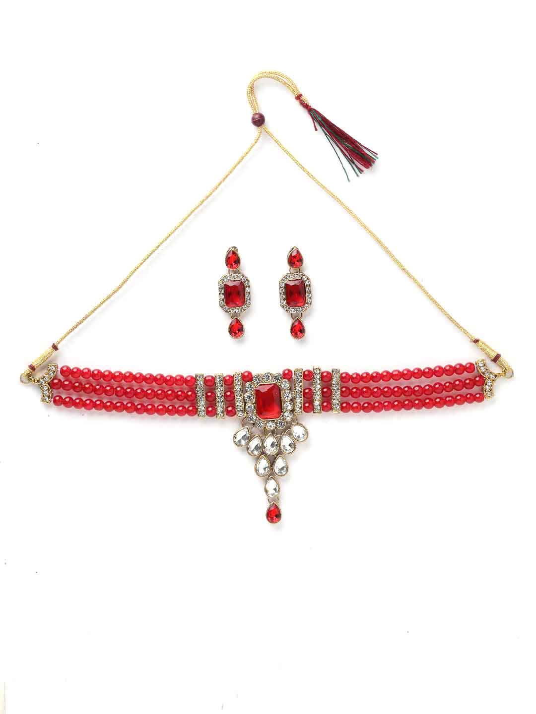 Gold-Plated Red & White Kundan Stone Studded Jewellery Set