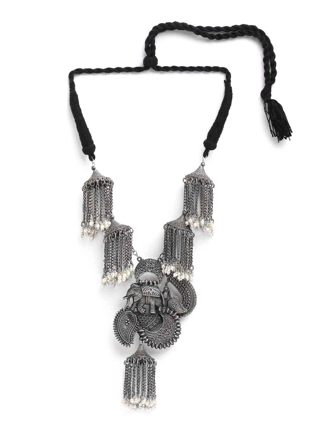 Silver-Toned & Grey Pearls German Silver Oxidized Necklace