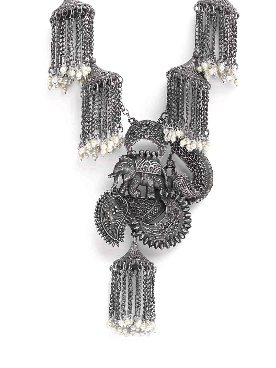 Silver-Toned & Grey Pearls German Silver Oxidized Necklace