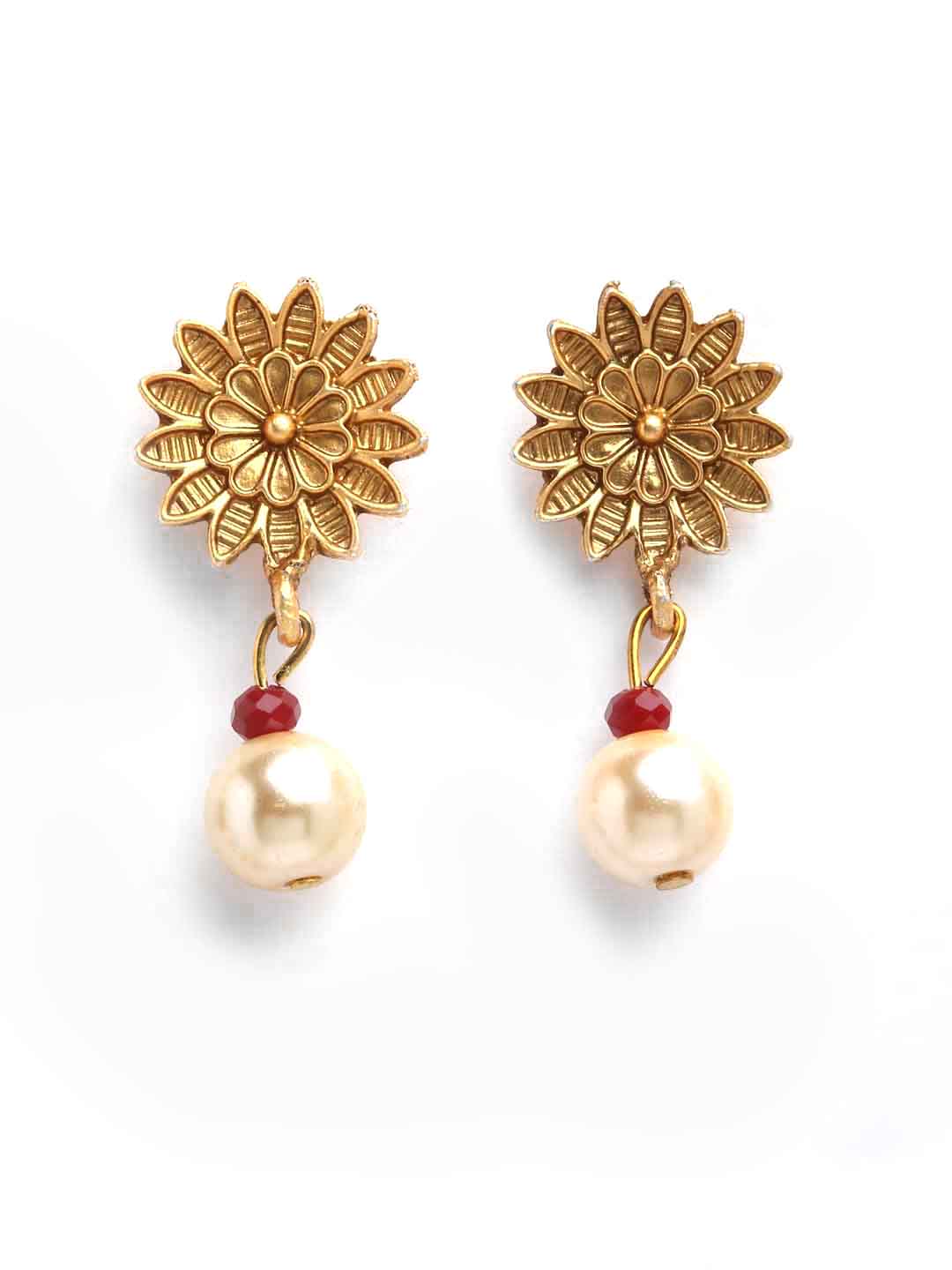 Gold-Plated & Red Pearl Beaded Handcrafted Jewellery Set