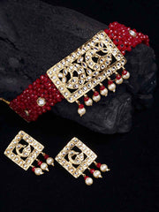 Gold-Plated Red & White Stone-Studded & Beaded Jewellery Set