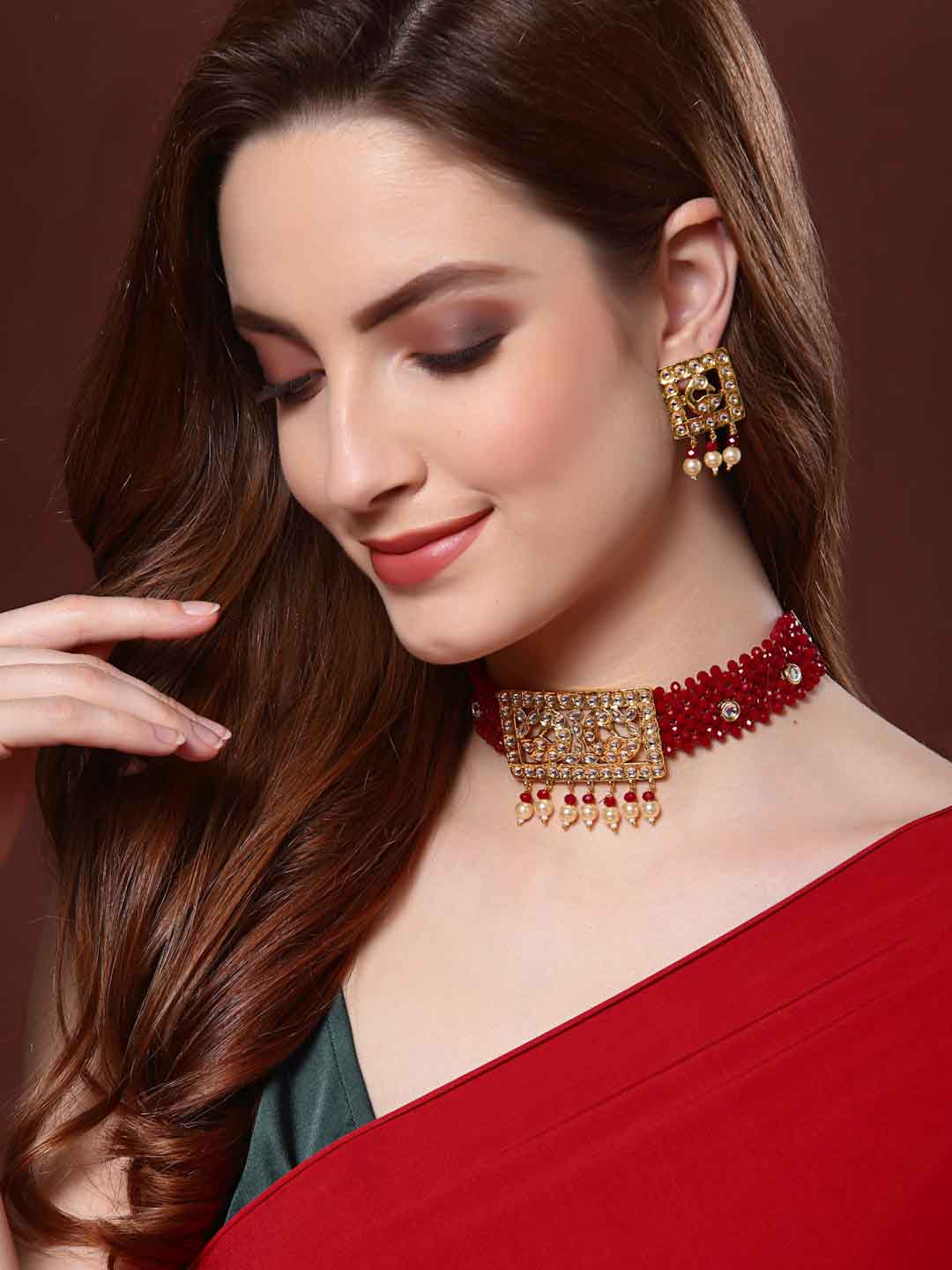 Gold-Plated Red & White Stone-Studded & Beaded Jewellery Set