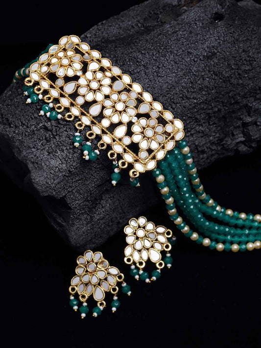 Gold-Plated Green & White Beaded Mirror-Work Jewellery Set