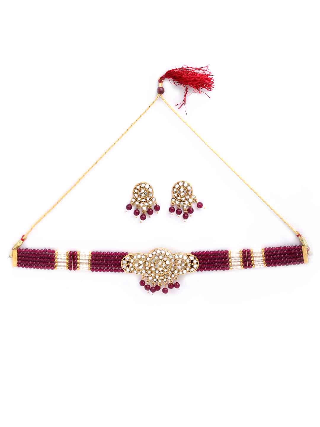 Woman Gold-Plated & Red Beaded Mirror Work Choker Jewellery Set