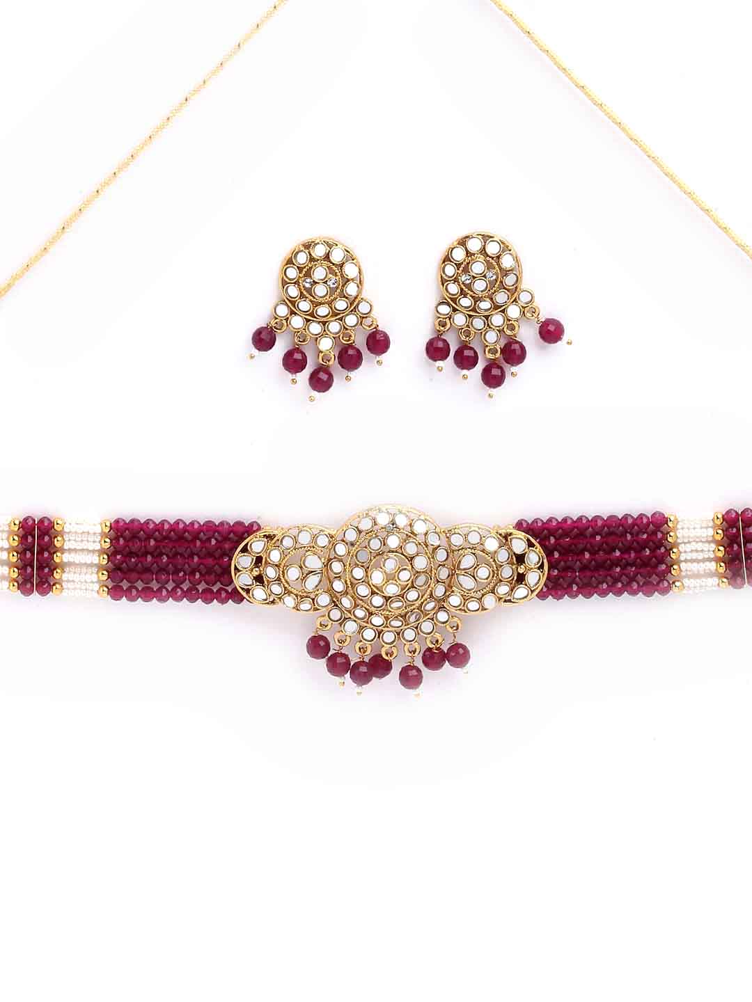 Woman Gold-Plated & Red Beaded Mirror Work Choker Jewellery Set