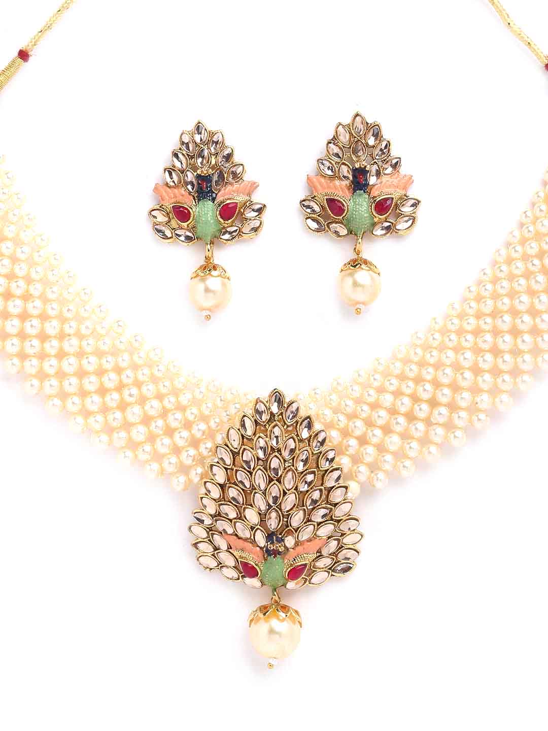 Women Gold-Plated Stone-Studded & Pearl Beaded Handcrafted Jewelry Set