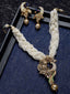 Gold-Plated Gold-Toned Stone Studded Off-White Pearl Beaded Meenakari Jewellery Set