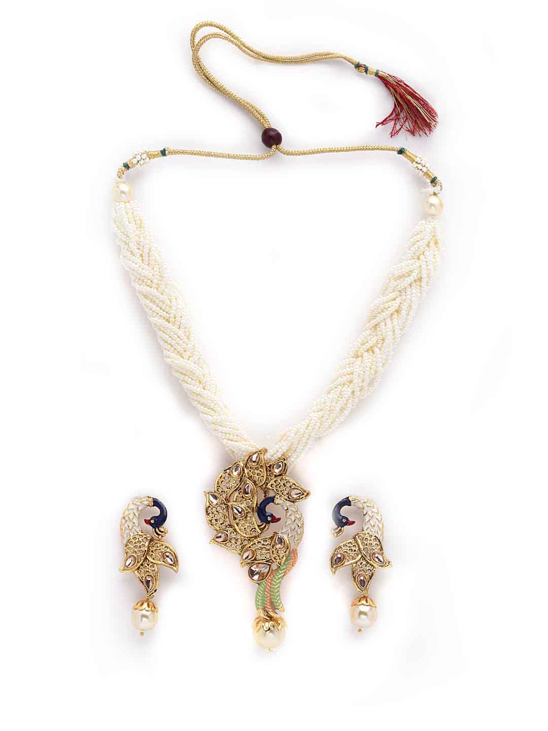 Gold-Plated Gold-Toned Stone Studded Off-White Pearl Beaded Meenakari Jewellery Set