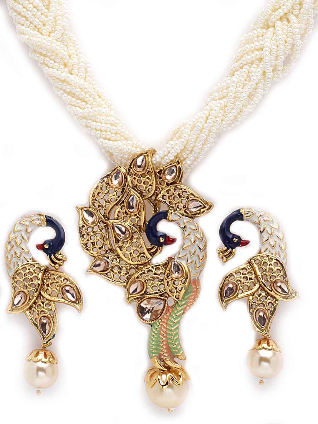 Gold-Plated Gold-Toned Stone Studded Off-White Pearl Beaded Meenakari Jewellery Set