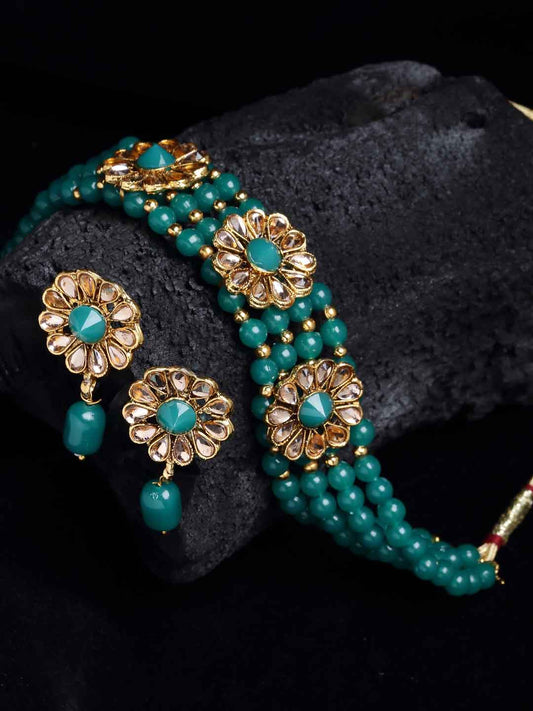 Gold-Plated & Green Stone-Studded & Beaded Handcrafted Jewellery Set