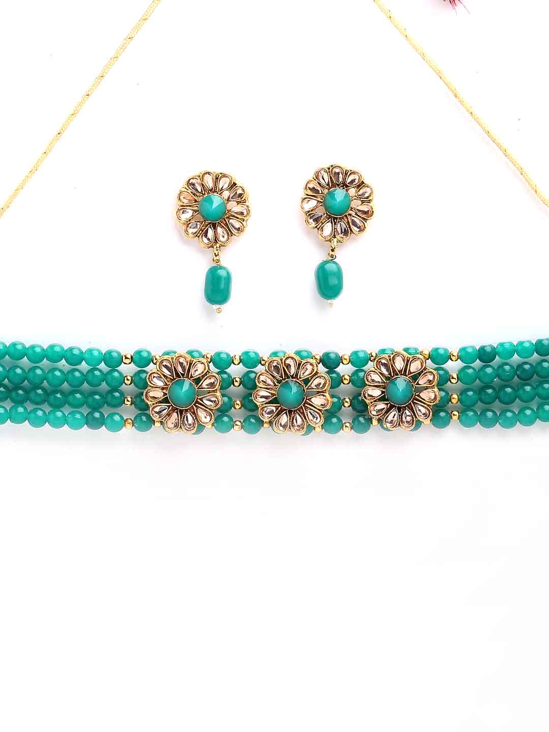 Gold-Plated & Green Stone-Studded & Beaded Handcrafted Jewellery Set