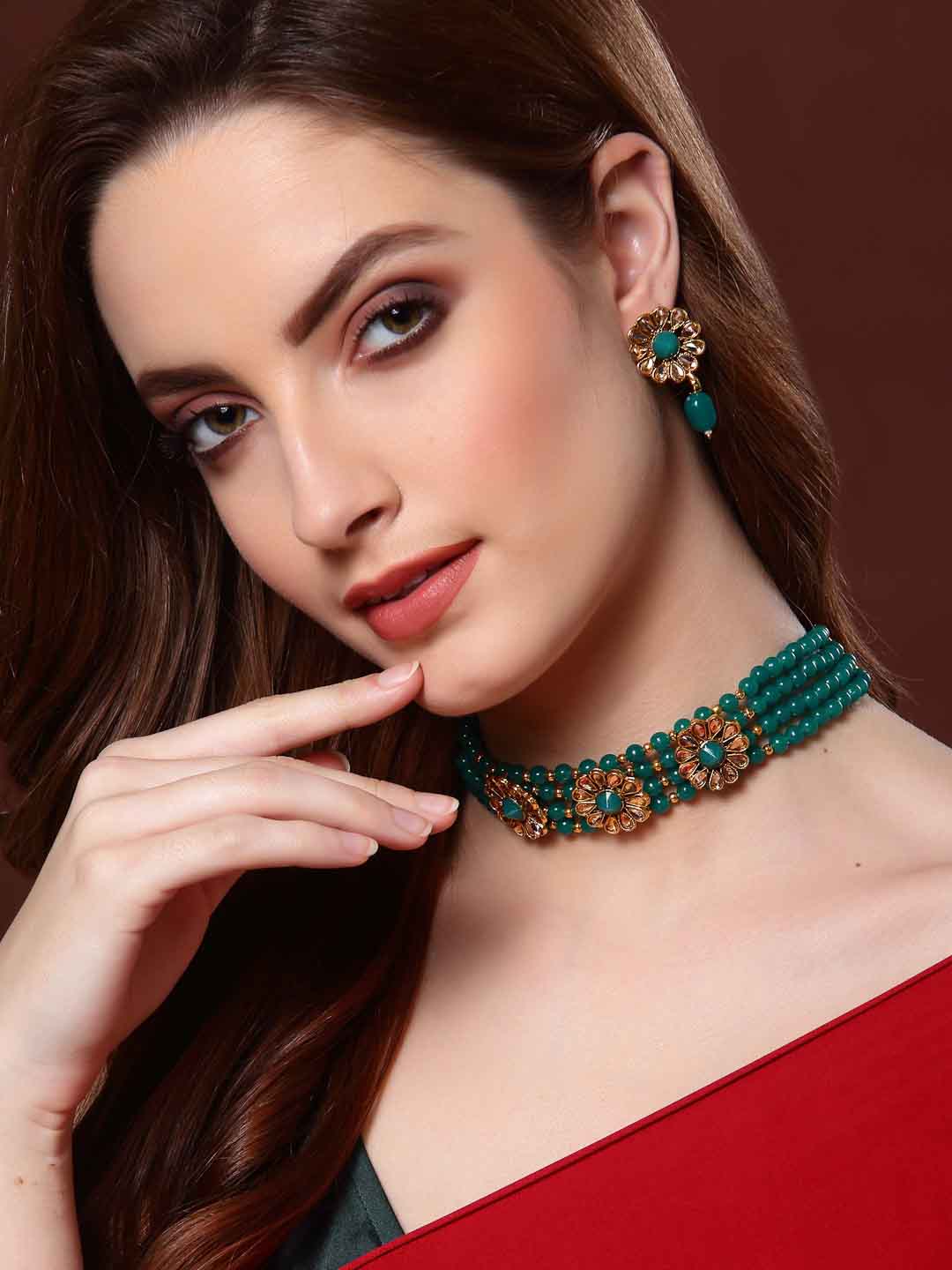 Gold-Plated & Green Stone-Studded & Beaded Handcrafted Jewellery Set