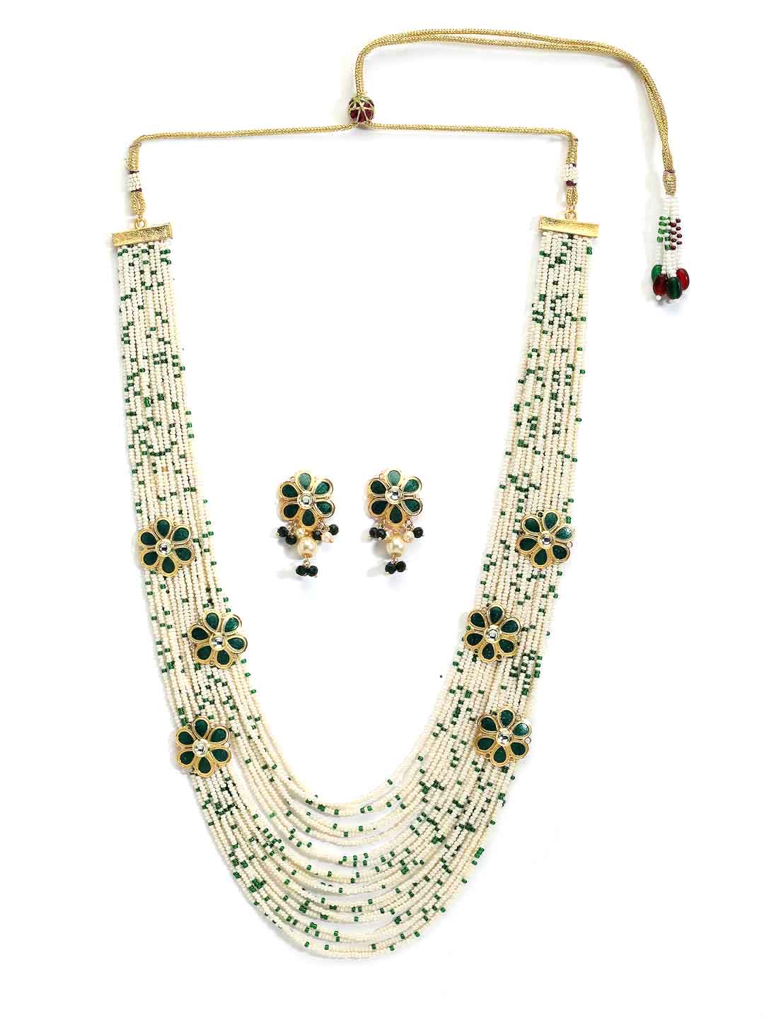 Gold-Plated White & Green Beaded Layered Necklace with Earrings