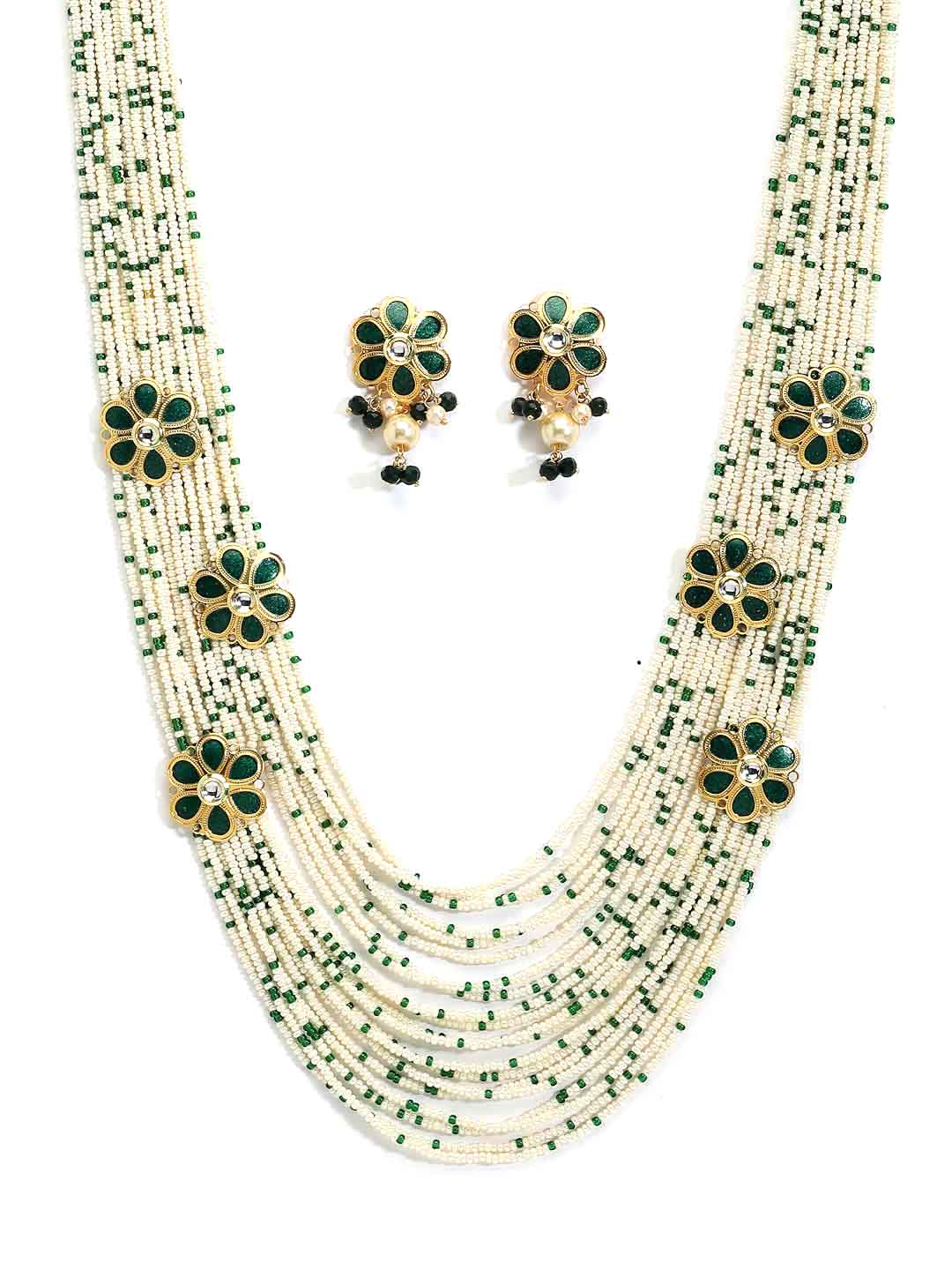 Gold-Plated White & Green Beaded Layered Necklace with Earrings