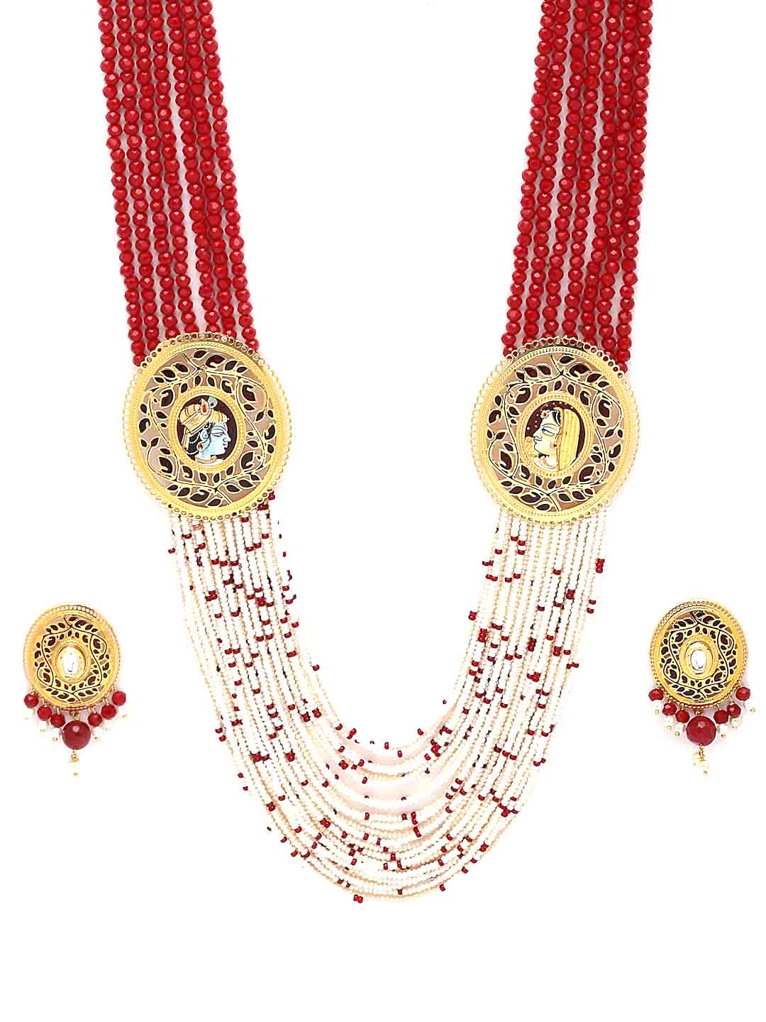 Women Gold-Plated White & Maroon Beaded Jewellery Set