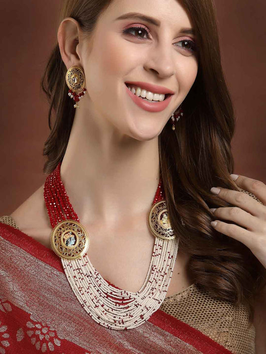 Women Gold-Plated White & Maroon Beaded Jewellery Set