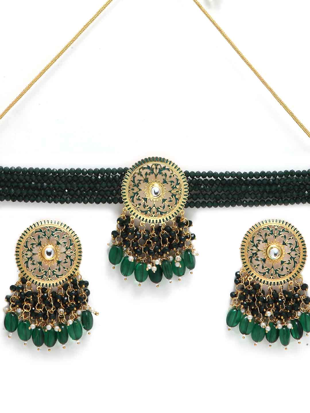 Gold-Plated White & Green Kundan-Studded & Beaded Vilandi Jewellery Set