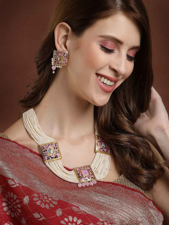 Women Gold-Plated White & Pink Pearl Beaded Choker Jewellery Set