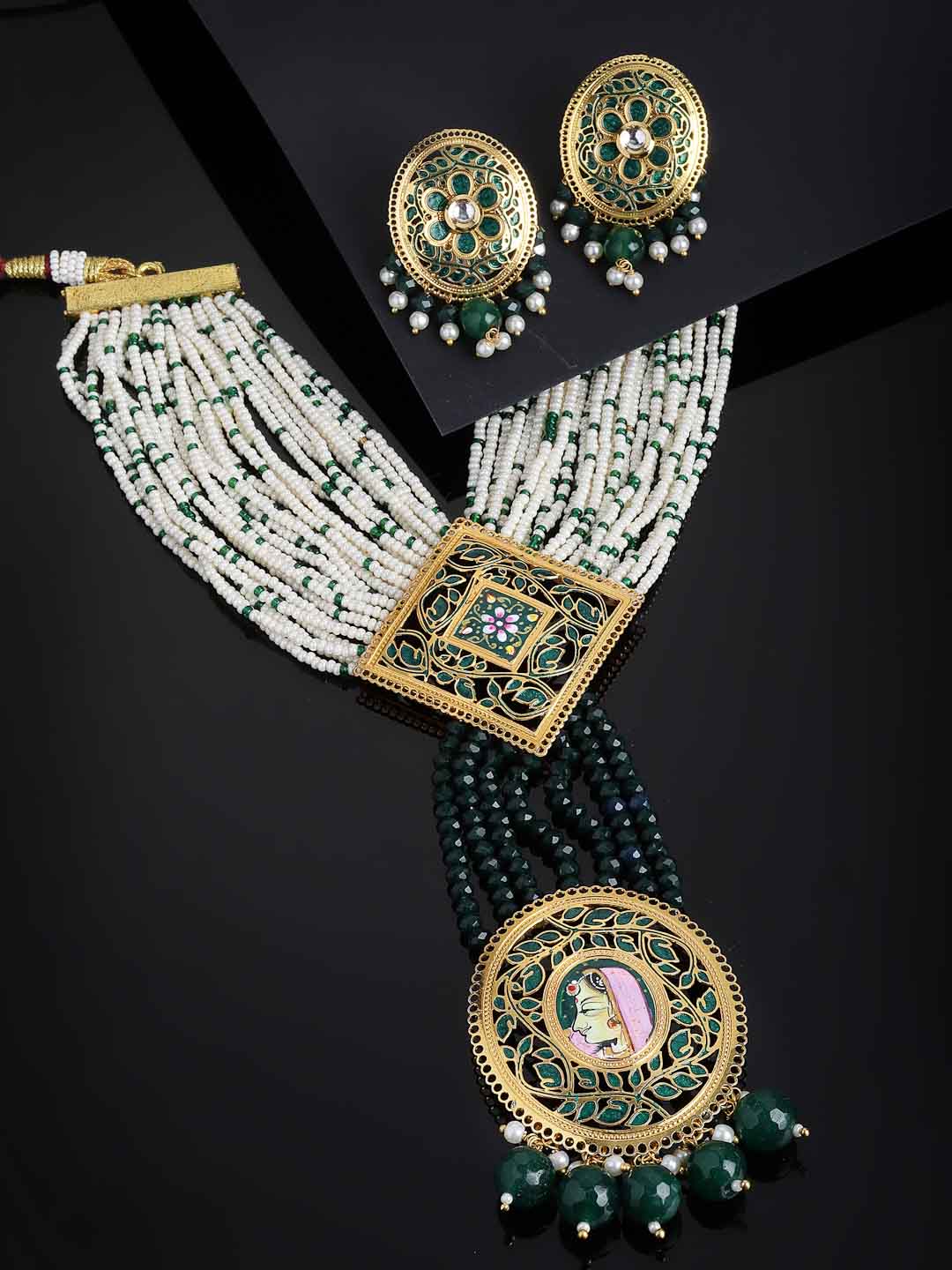 Women Gold-Plated White & Green Pearl Beaded Choker Jewellery Set