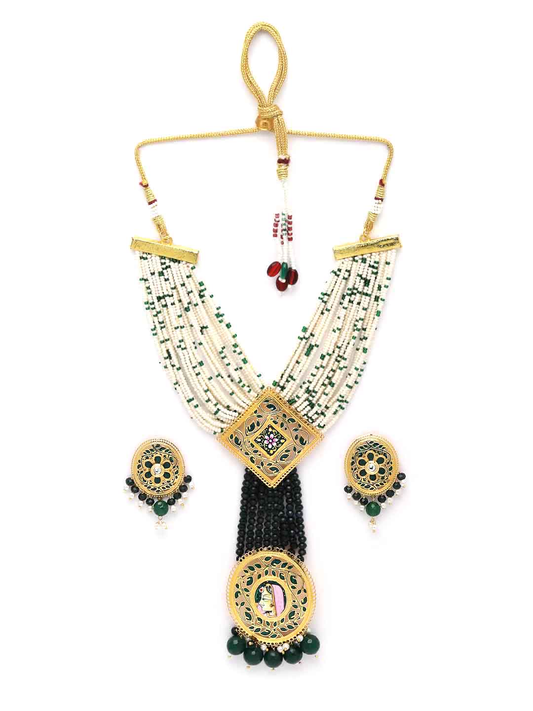 Women Gold-Plated White & Green Pearl Beaded Choker Jewellery Set