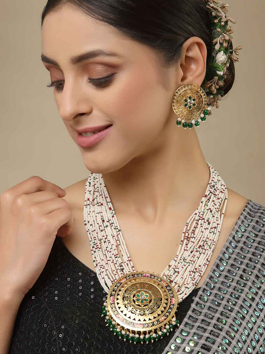 Gold-Plated Green Pearl-Studded Jewellery Set