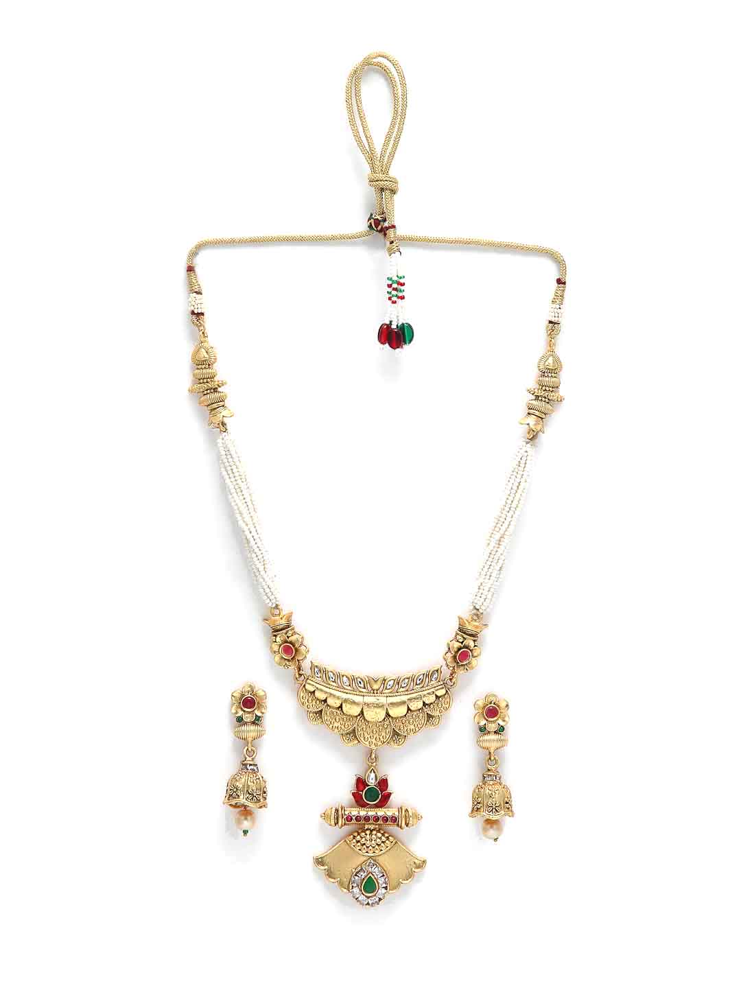 Gold-Plated & White Stone Studded & Beaded Jewellery Set