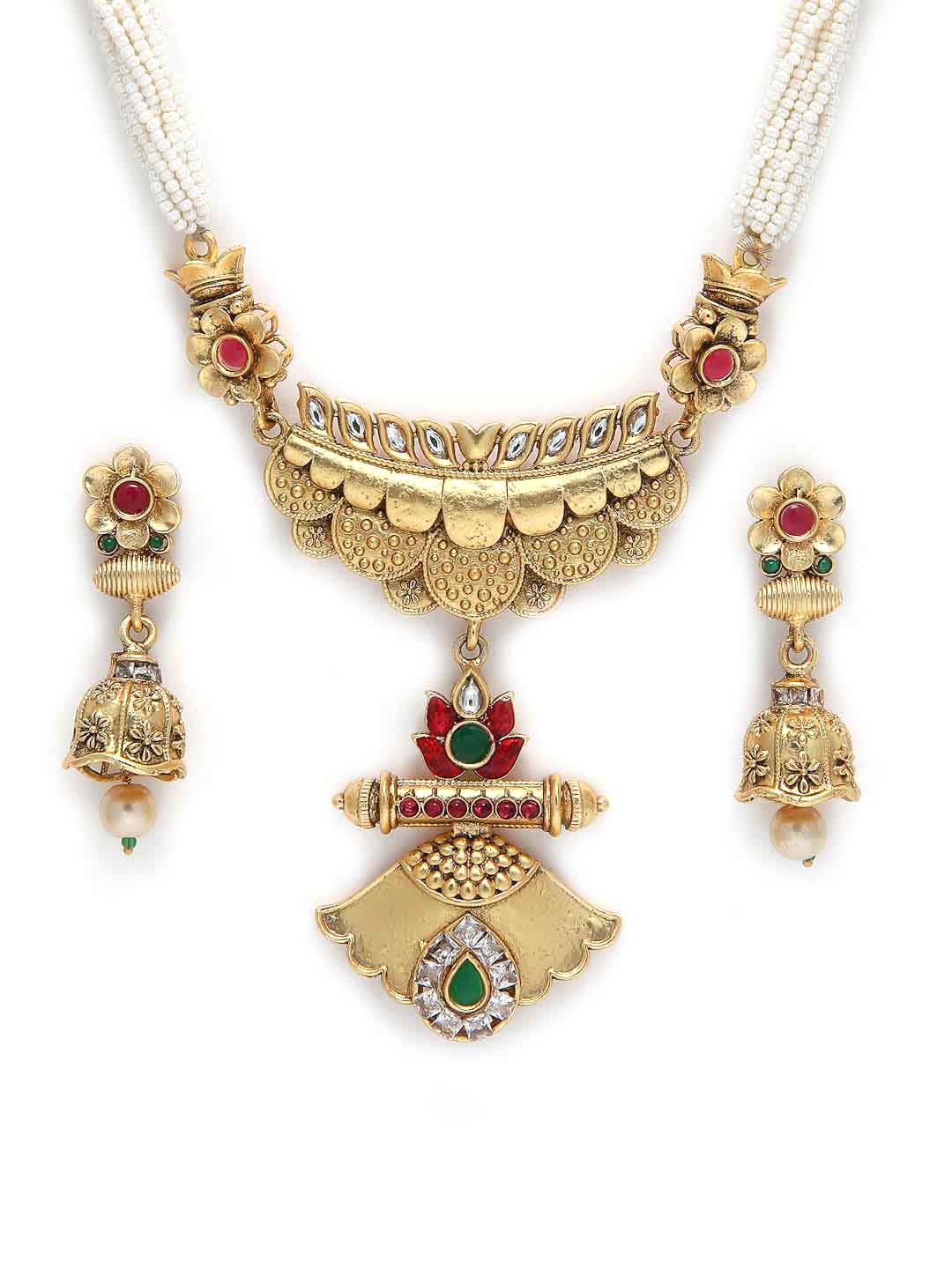 Gold-Plated & White Stone Studded & Beaded Jewellery Set