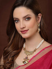 Gold-Plated & White Stone Studded & Beaded Jewellery Set