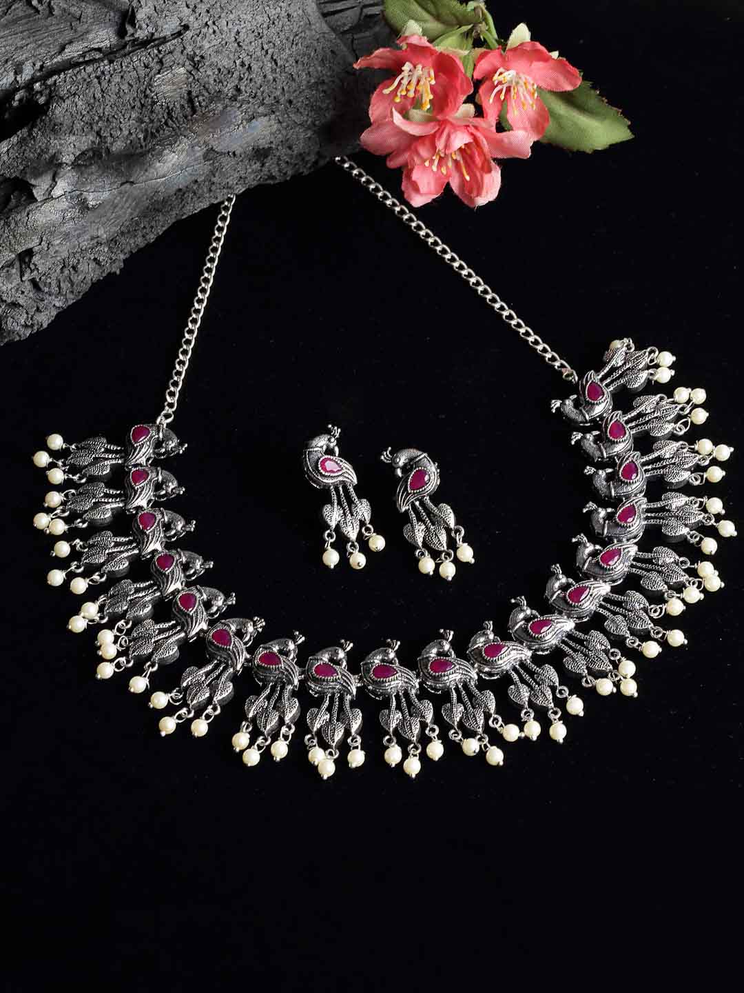 Silver-Toned & Pink Stones-Studded & Beaded Oxidised Peacock Shaped Jewellery Set