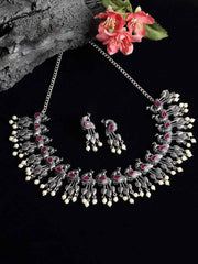 Silver-Toned & Pink Stones-Studded & Beaded Oxidised Peacock Shaped Jewellery Set