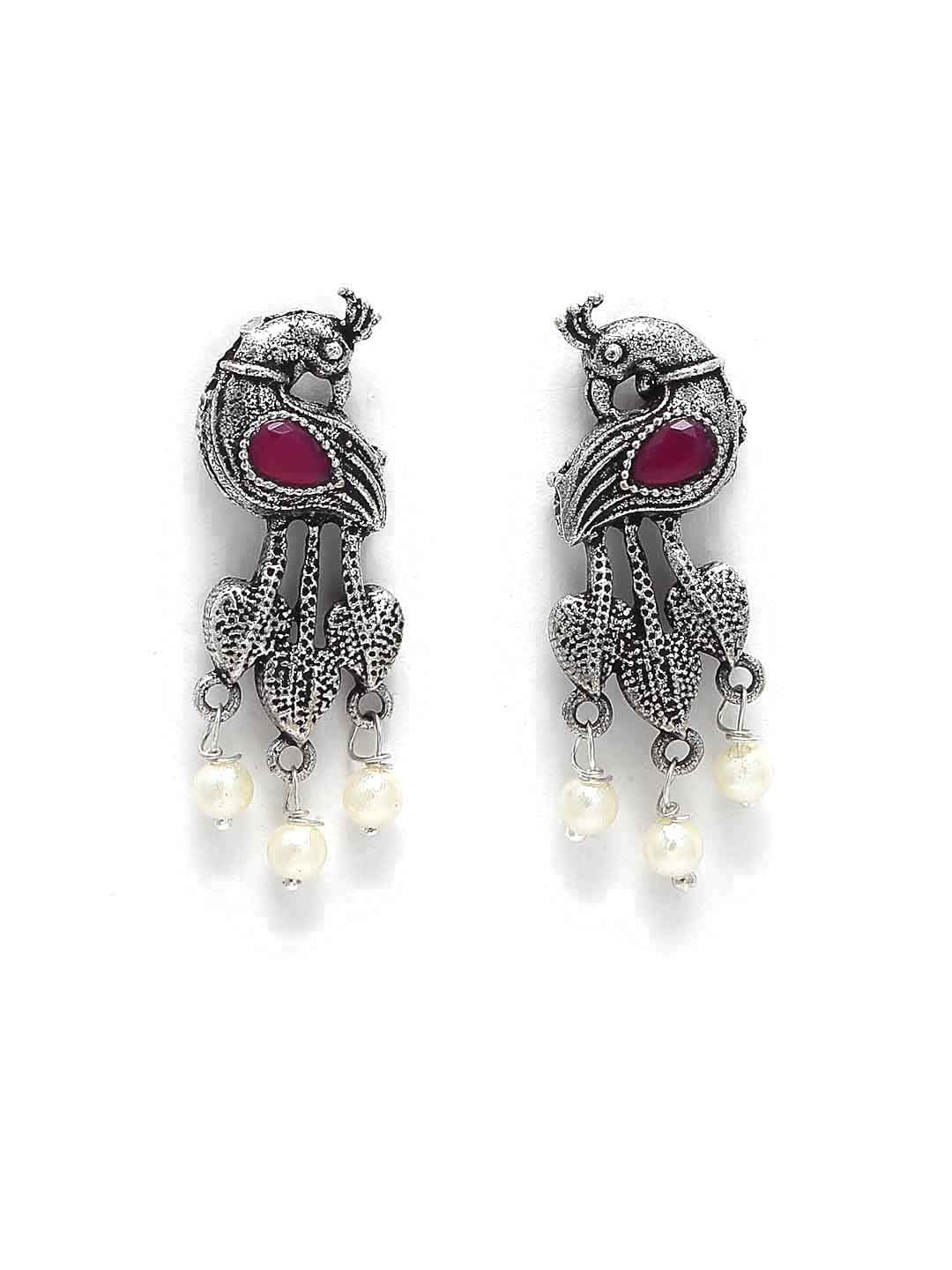 Silver-Toned & Pink Stones-Studded & Beaded Oxidised Peacock Shaped Jewellery Set