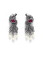 Silver-Toned & Pink Stones-Studded & Beaded Oxidised Peacock Shaped Jewellery Set