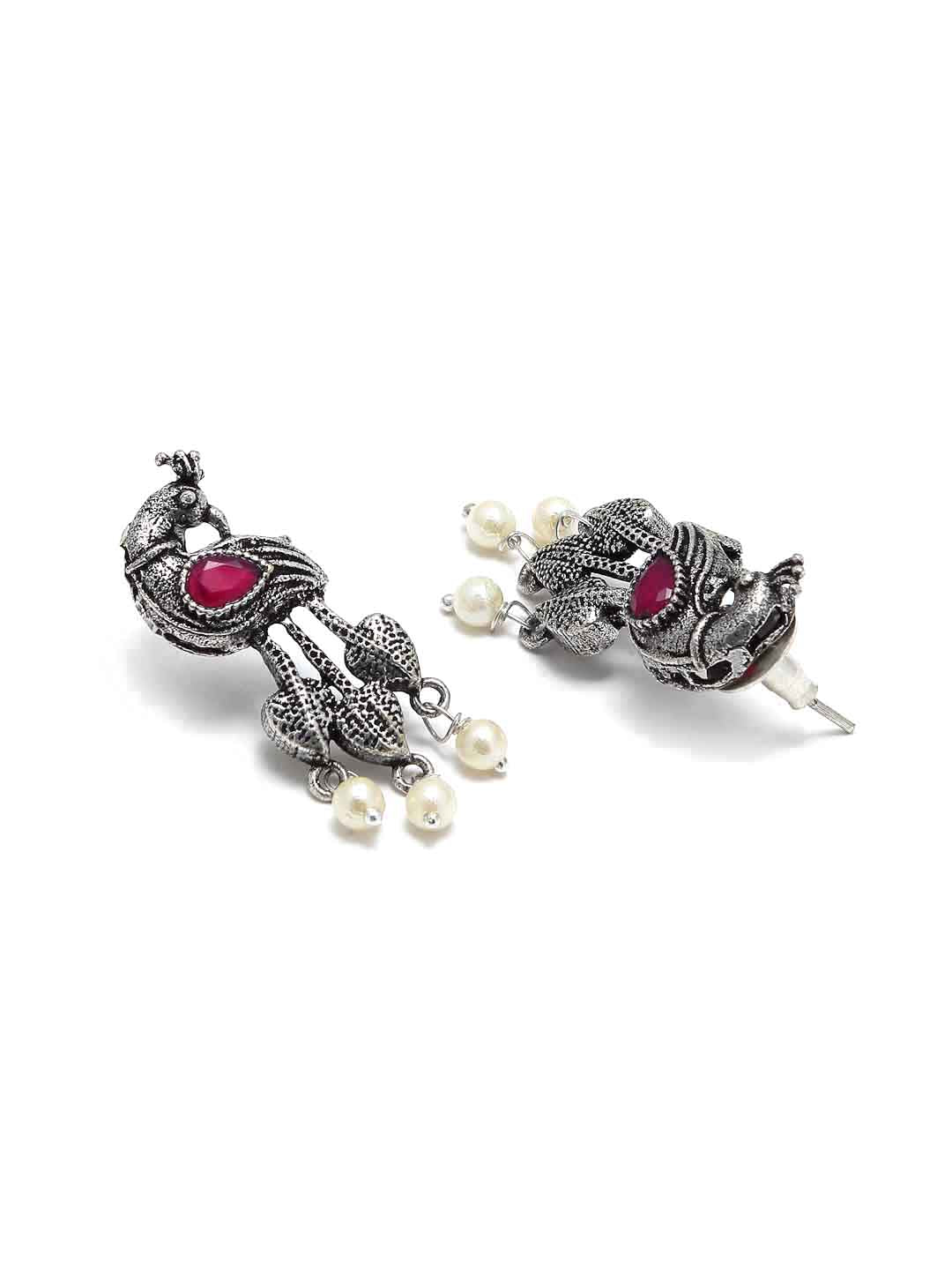 Silver-Toned & Pink Stones-Studded & Beaded Oxidised Peacock Shaped Jewellery Set