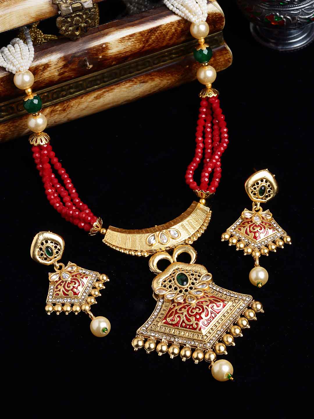 Gold-Plated & Red Stone-Studded & Beaded Jewellery Set