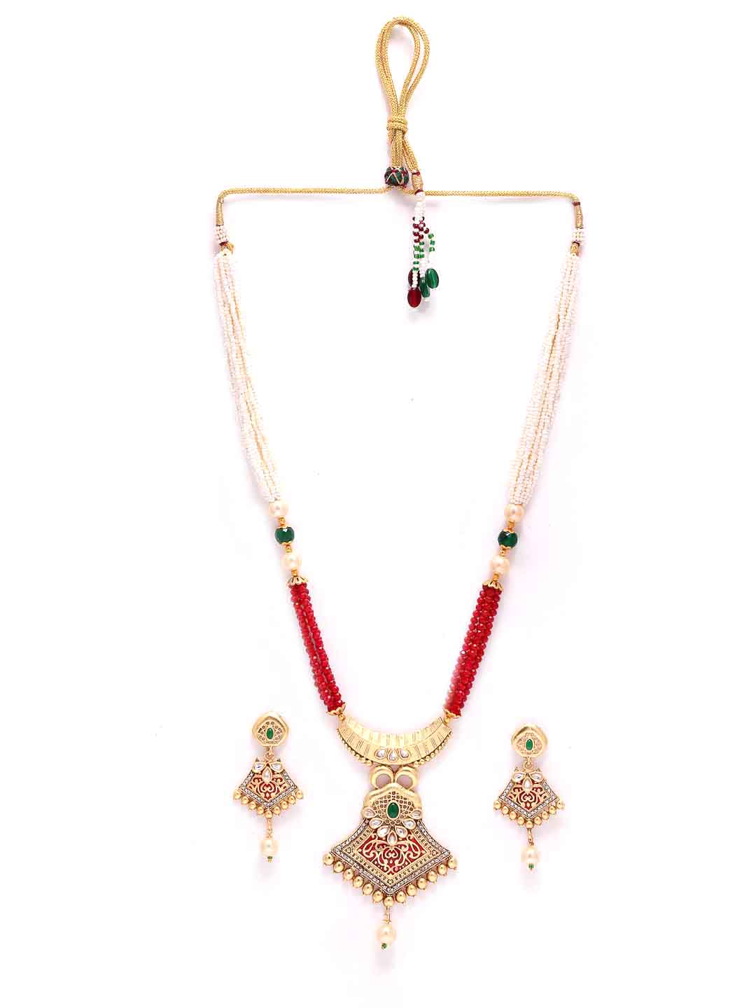 Gold-Plated & Red Stone-Studded & Beaded Jewellery Set