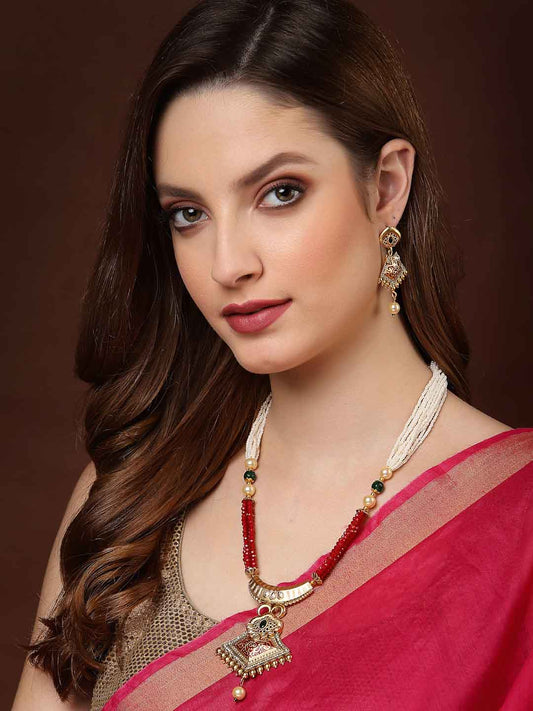 Gold-Plated & Red Stone-Studded & Beaded Jewellery Set