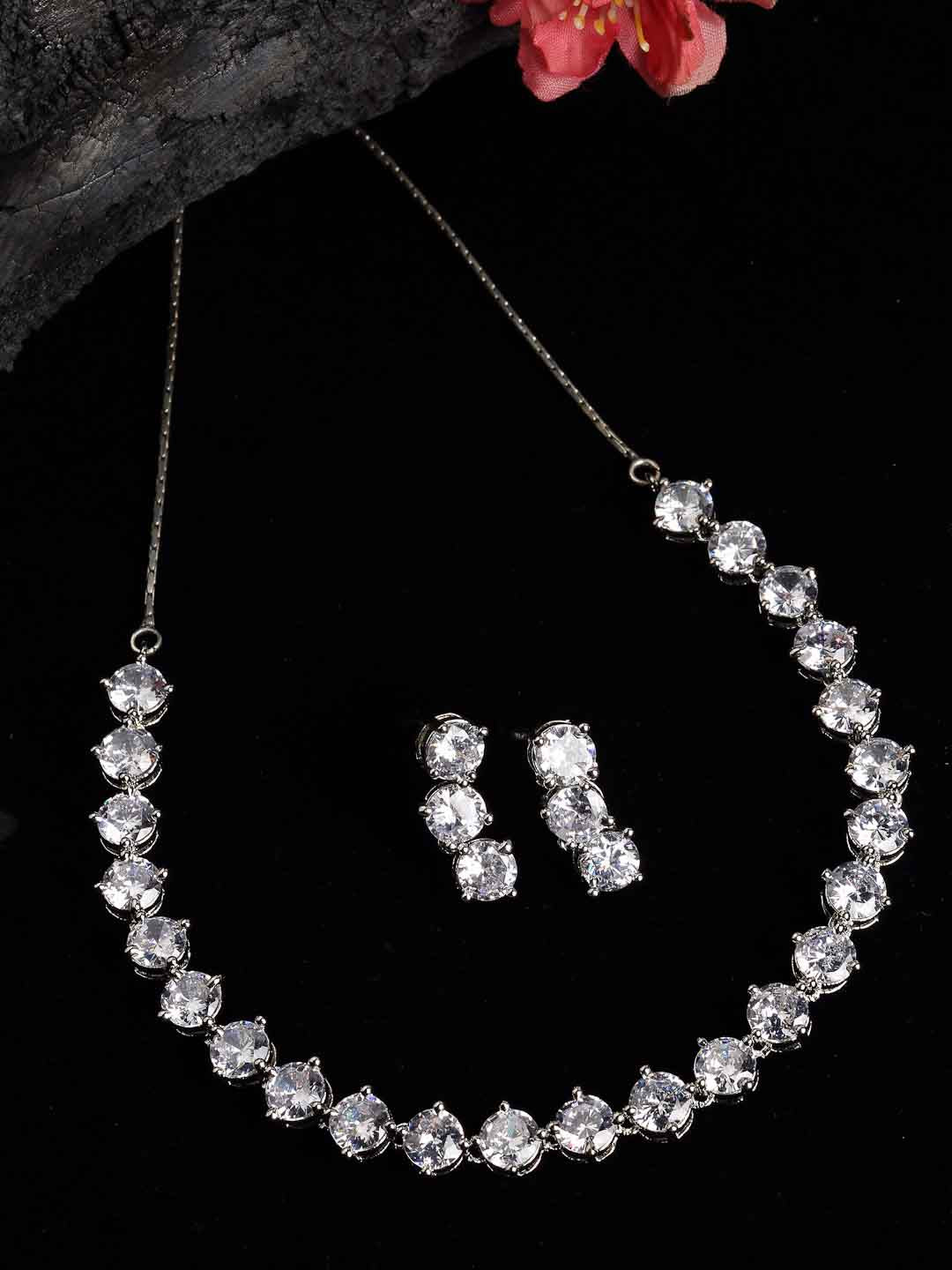 Silver-Toned & White Rhodium Plated AD Studded Jewellery Set