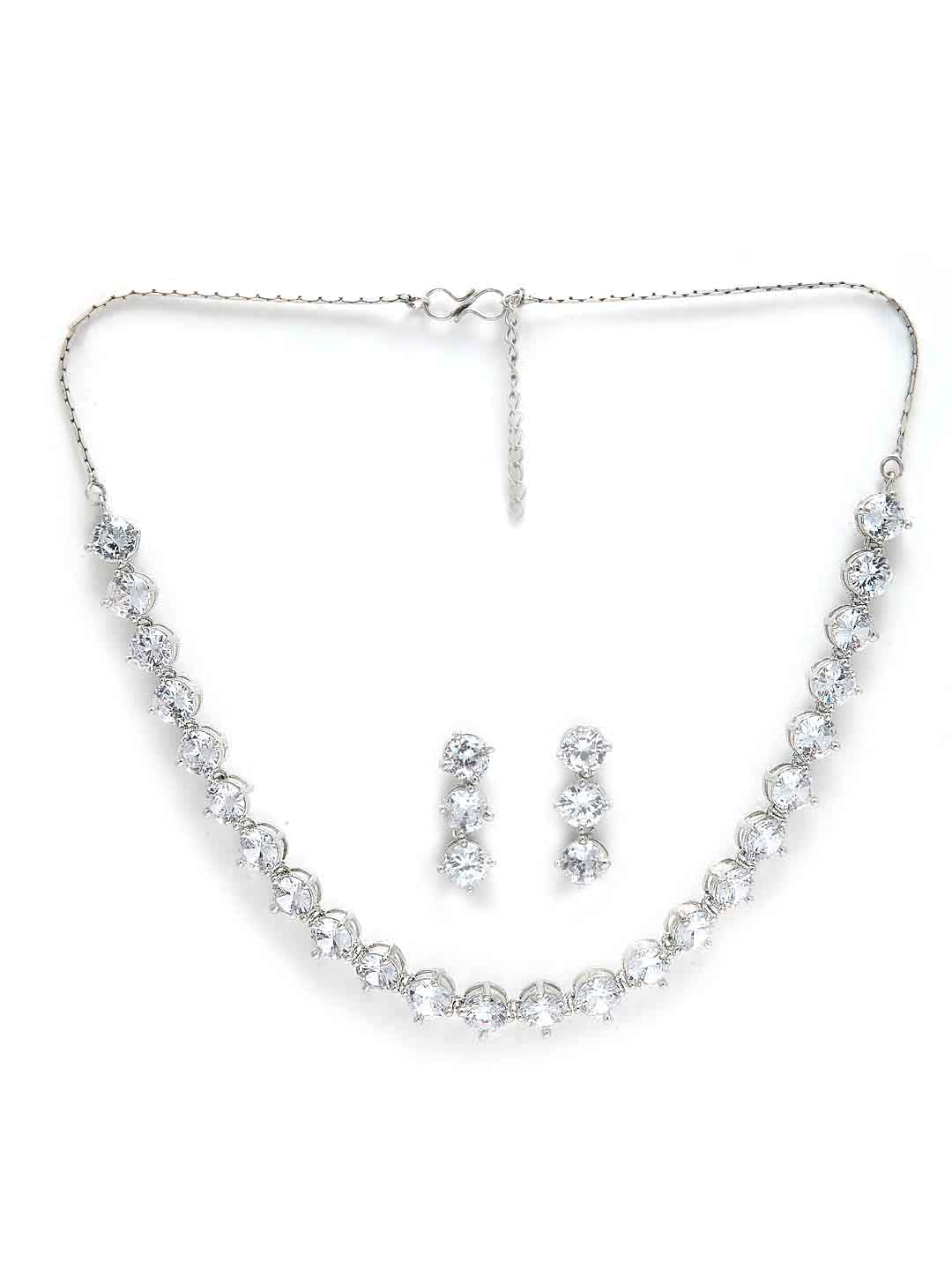 Silver-Toned & White Rhodium Plated AD Studded Jewellery Set