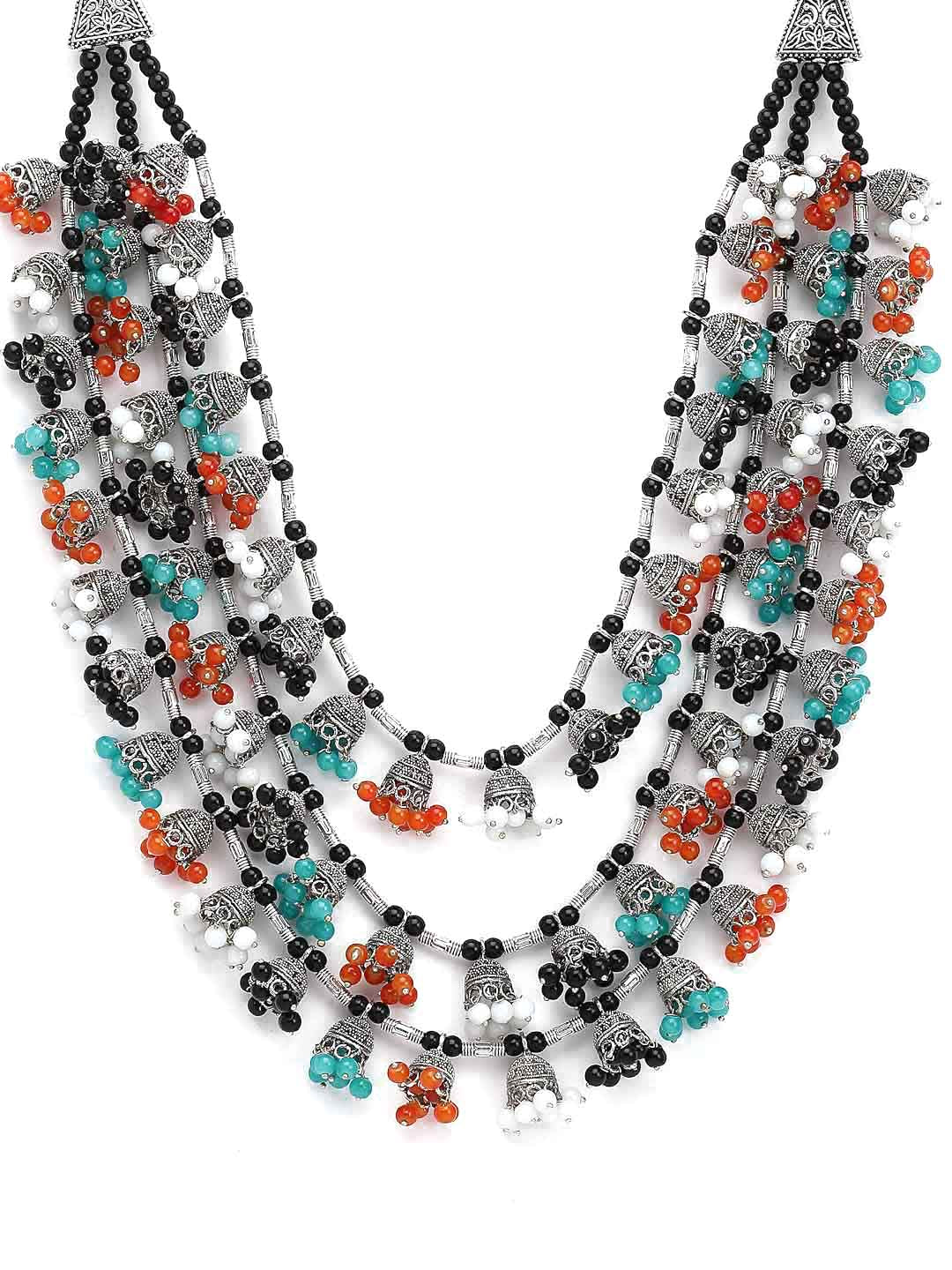 Silver-Toned & Turquoise Blue German Silver Layered Necklace