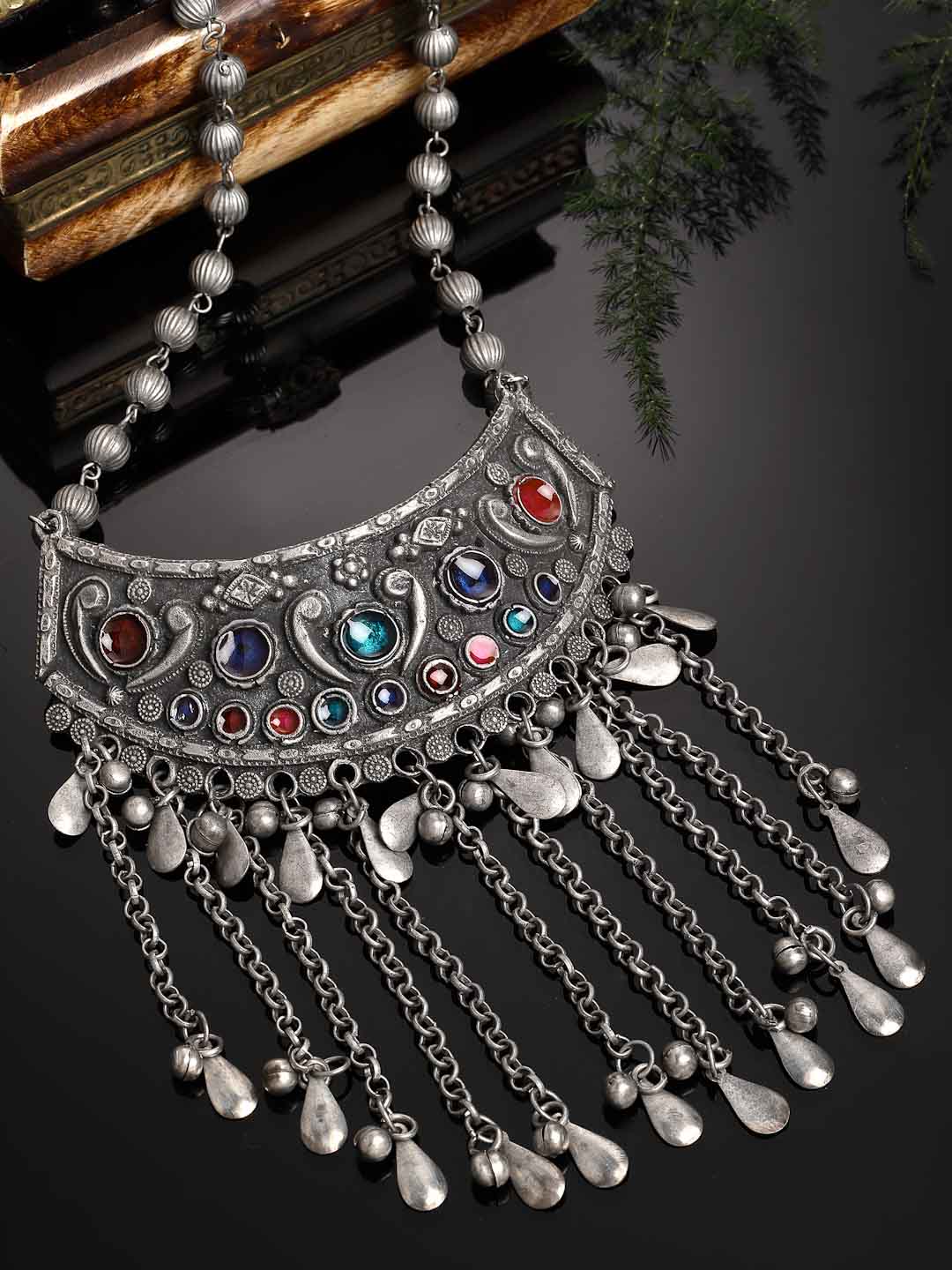 Silver-Toned & Red German Silver Oxidised Necklace