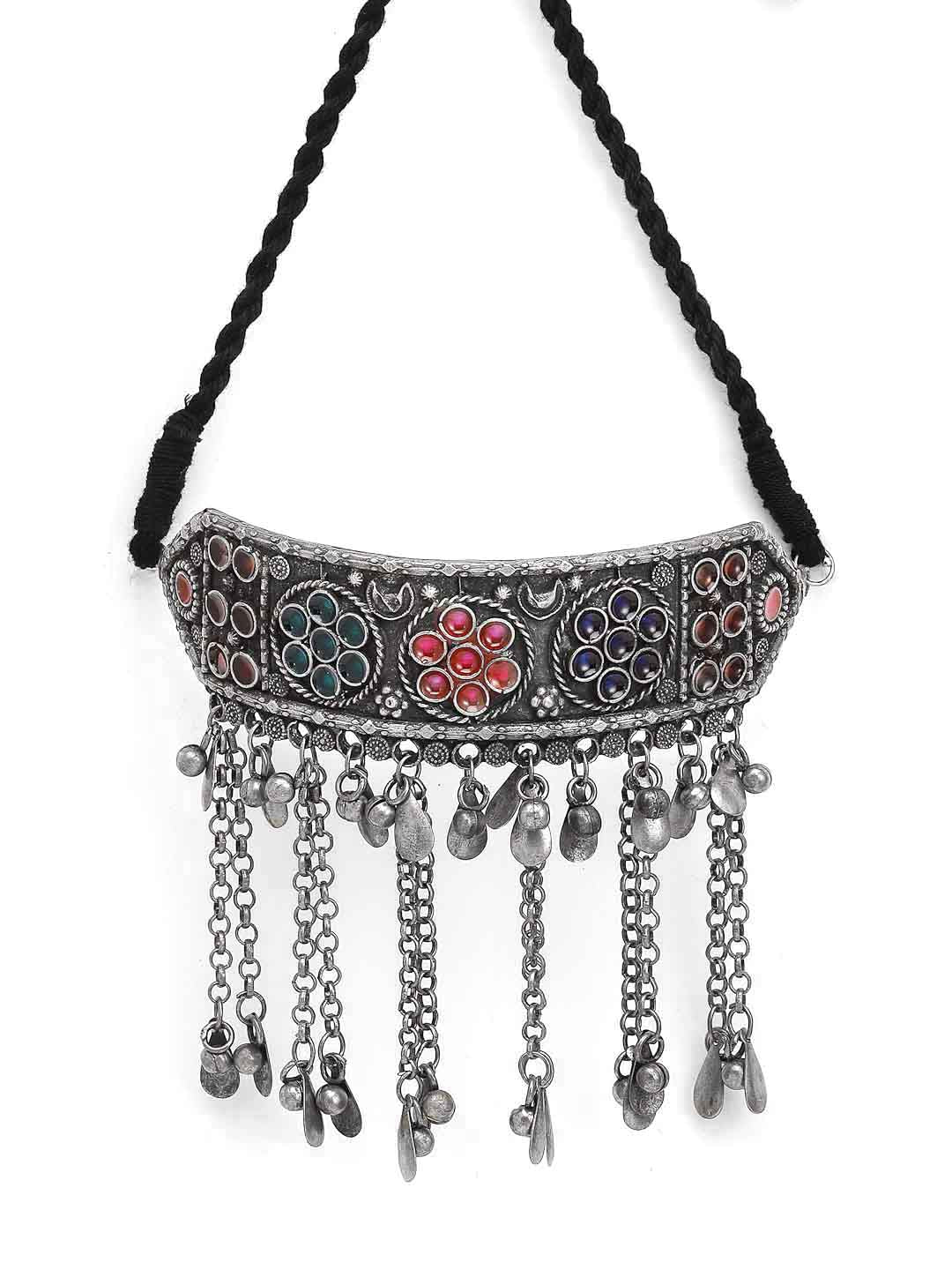 Silver-Toned & Red German Silver Oxidised Necklace