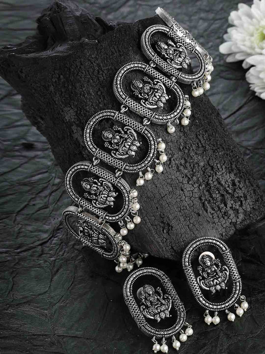 Silver-Toned Oxidized Antique Temple Choker Necklace with Earrings